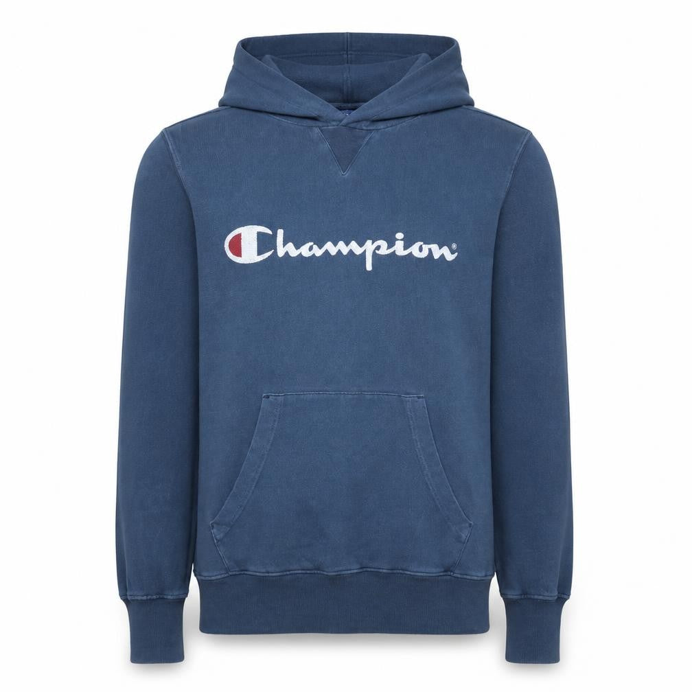 Front view of Champion Men's Blue Pullover Hoodie Medium Graphic Logo Fleece