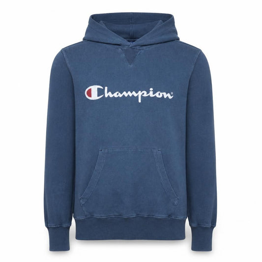 Front view of Champion Men's Blue Pullover Hoodie Medium Graphic Logo Fleece