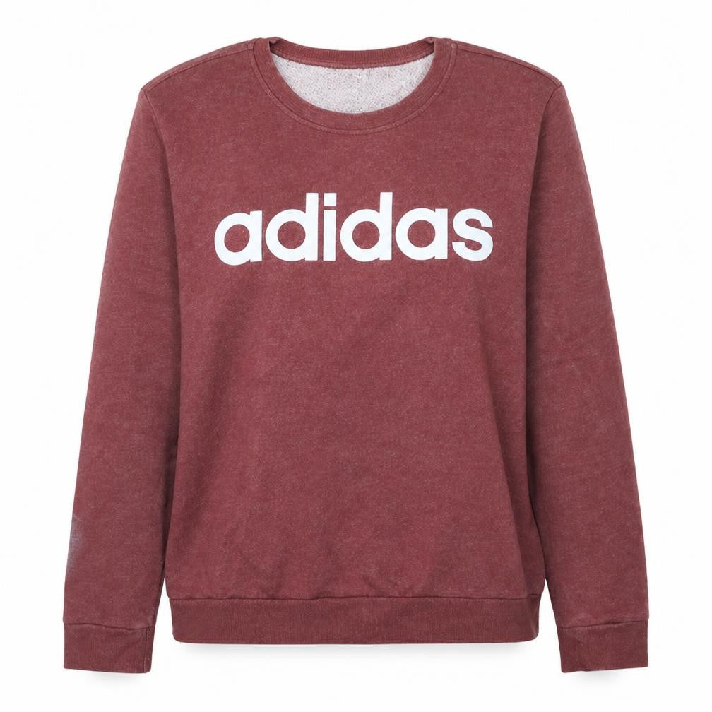 Front view of Adidas women’s burgundy crew neck pullover sweatshirt, size L