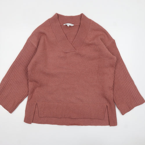 Amara Reya Womens Pink V-Neck Knit Pullover Jumper Size L