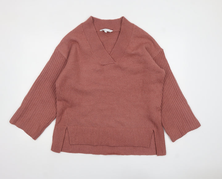 Amara Reya Womens Pink V-Neck Knit Pullover Jumper Size L