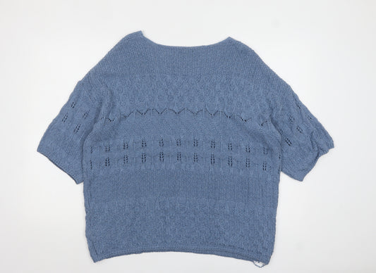 Next Women Blue Knit V-Neck Short Sleeve Pullover Jumper L