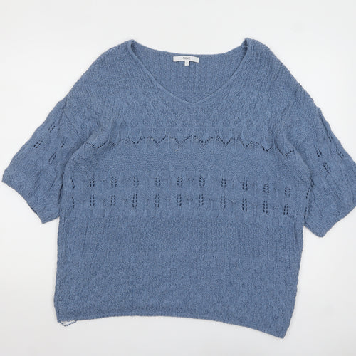 Next Women Blue Knit V-Neck Short Sleeve Pullover Jumper L