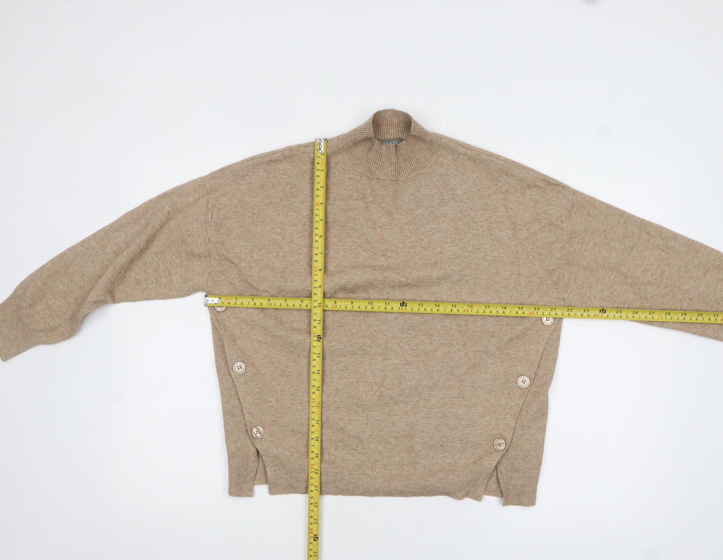 Oasis Women Beige Mock Neck Button Detail Knit Jumper XS