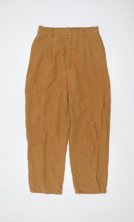 ZARA Women Brown High Rise Pleated Linen Blend Tapered Trousers Size 12