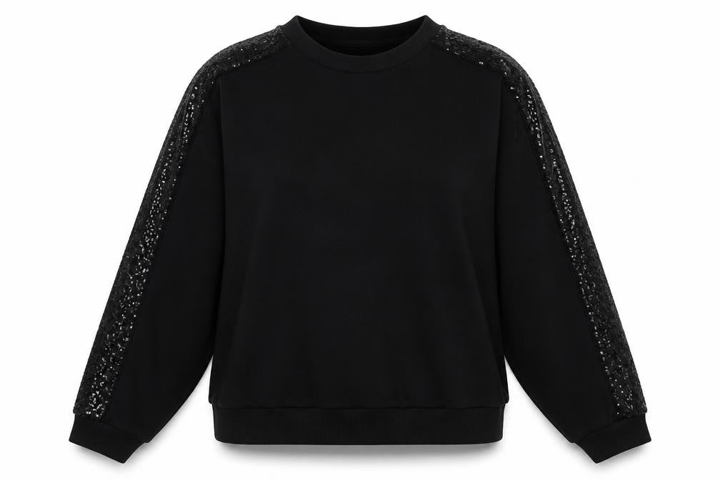 Front view of Marks & Spencer women’s black sequin sleeve pullover sweatshirt, size UK 20
