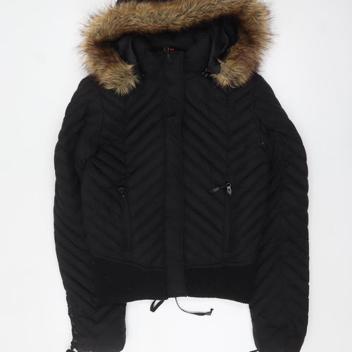 Dale Dressin Womens Black Fur Trim Hooded Puffer Jacket Size M