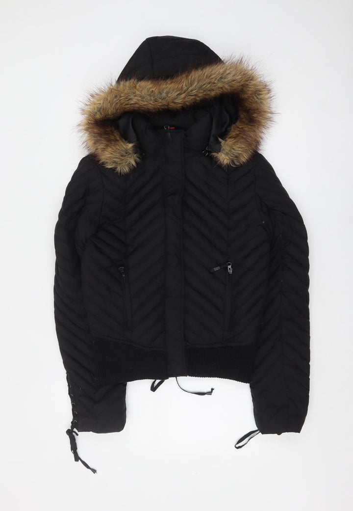 Dale Dressin Womens Black Fur Trim Hooded Puffer Jacket Size M