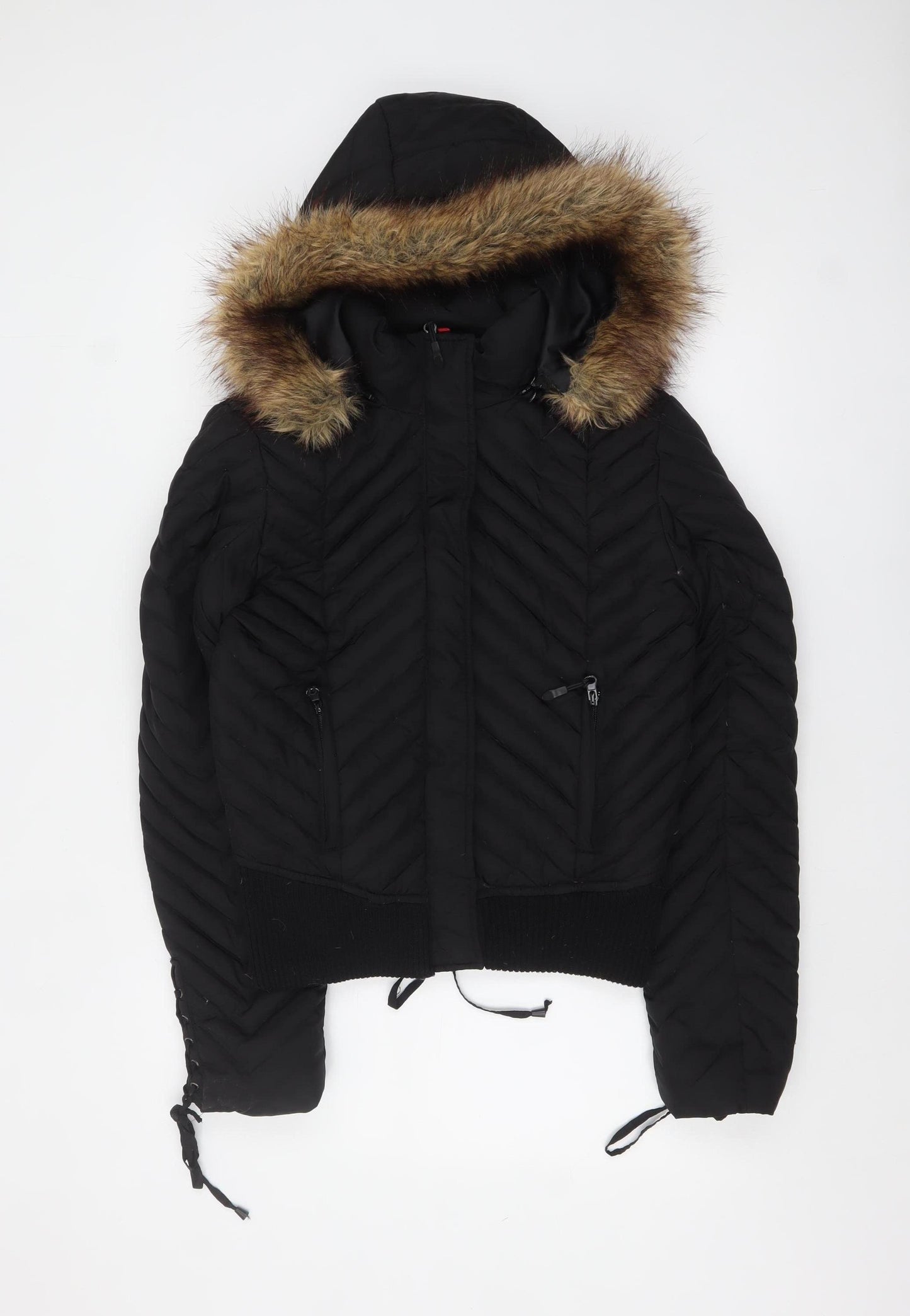 Dale Dressin Womens Black Fur Trim Hooded Puffer Jacket Size M