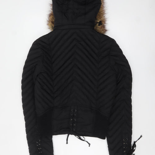 Dale Dressin Womens Black Fur Trim Hooded Puffer Jacket Size M