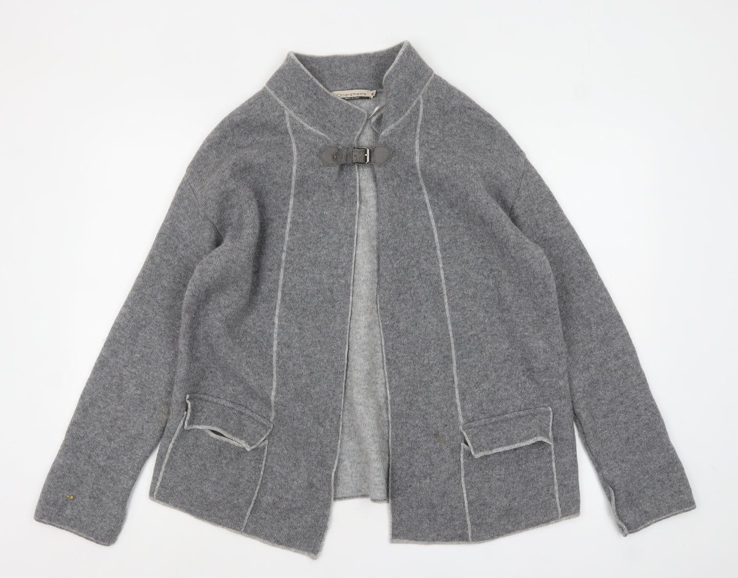 Chiaramente Women Grey Wool Cardigan XL Collared Buckle Knit