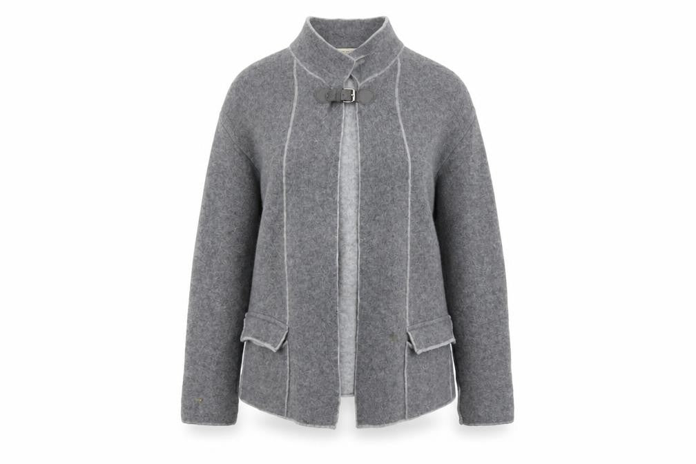 Front view of Chiaramente Women Grey Wool Cardigan XL Collared Buckle Knit