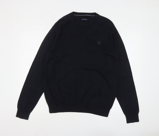 GANT Men’s Black Cotton V-Neck Jumper Size L Classic Knit