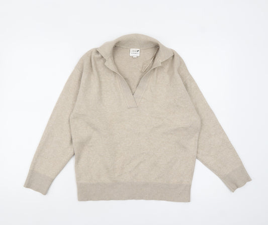 Front view of John Lewis women’s beige collared pullover knit jumper, size UK 8