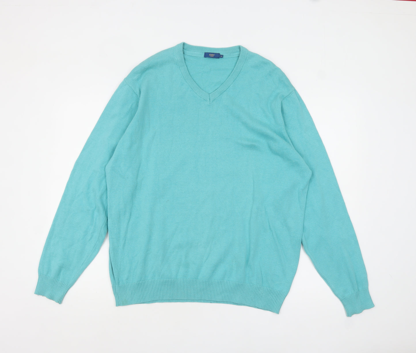 Cotton Traders Men's Blue V-Neck Cotton Jumper XL