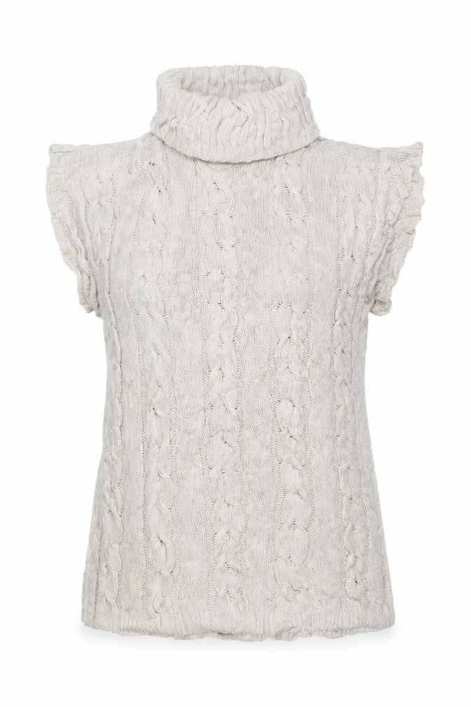 Front view of Quiz Women’s Beige Sleeveless Roll Neck Cable Knit Pullover L