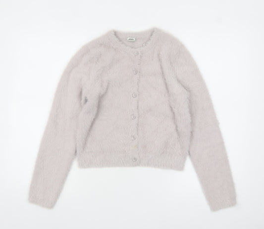 Front view of Pimkie Women's Grey Fluffy Crew Neck Cardigan, size S