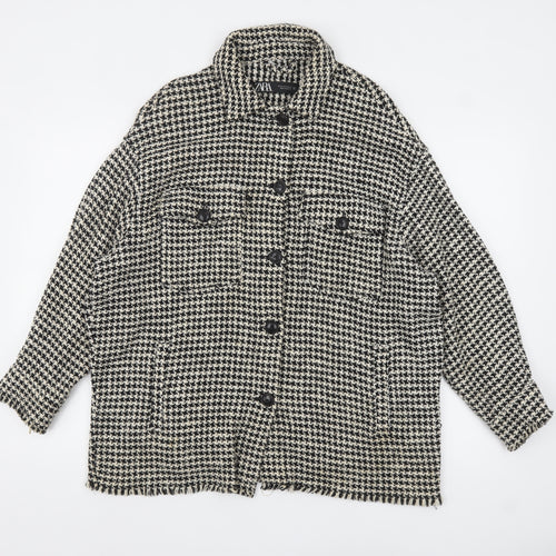 ZARA Women Black White Tweed Houndstooth Jacket Size 12