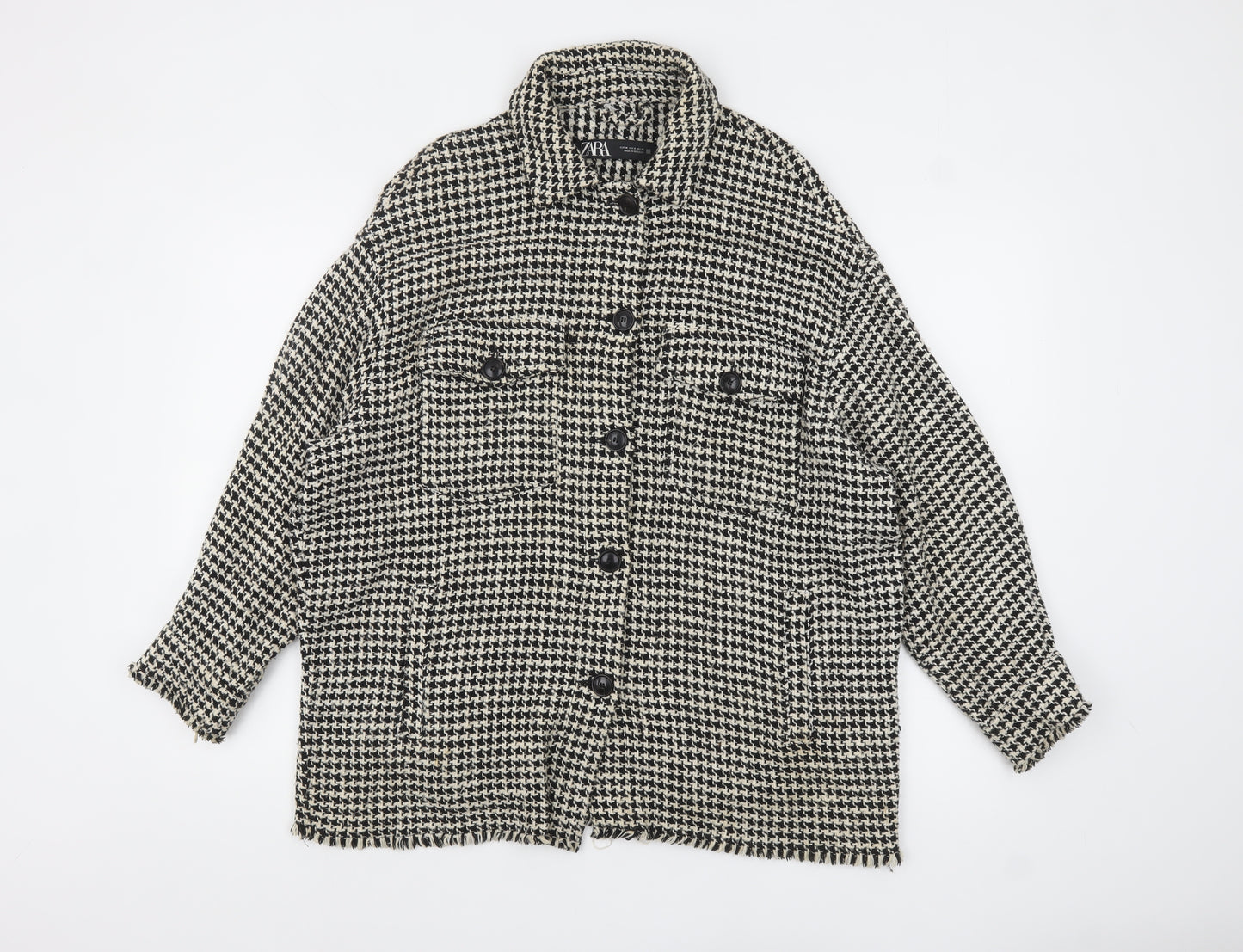 ZARA Women Black White Tweed Houndstooth Jacket Size 12