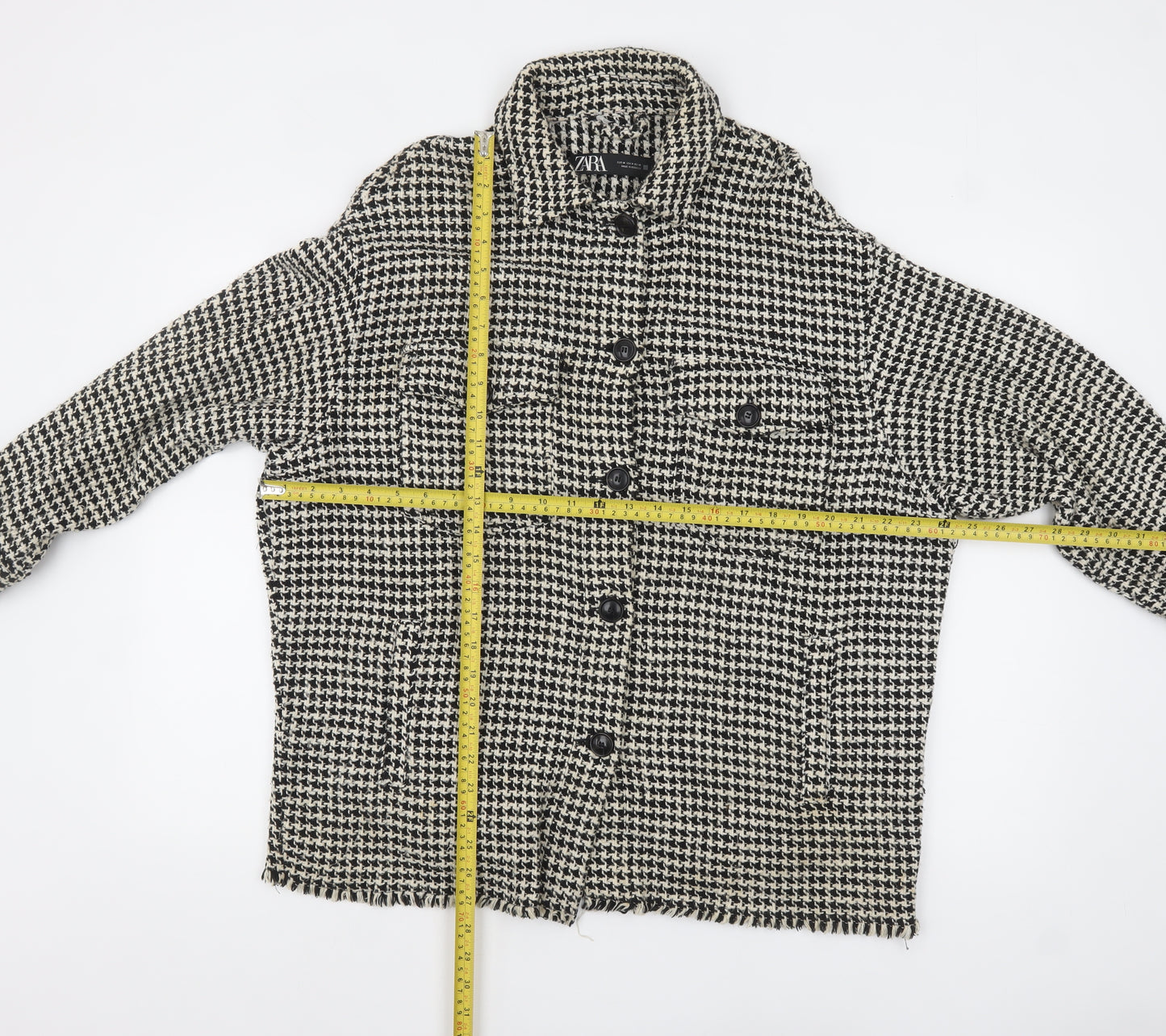 ZARA Women Black White Tweed Houndstooth Jacket Size 12