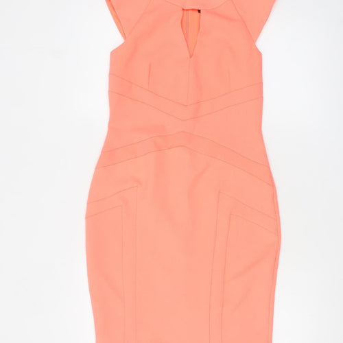 River Island Women’s Orange Bodycon Dress Size 8 Knee Length Fitted Zip Detail