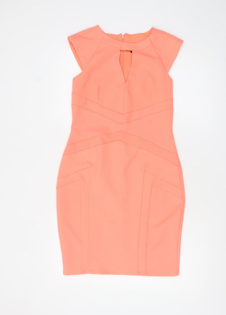 River Island Women’s Orange Bodycon Dress Size 8 Knee Length Fitted Zip Detail
