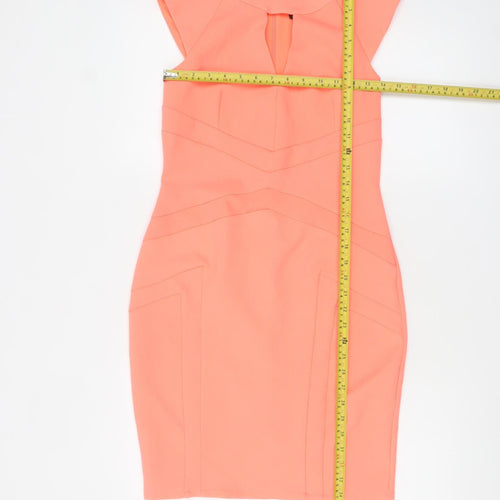 River Island Women’s Orange Bodycon Dress Size 8 Knee Length Fitted Zip Detail