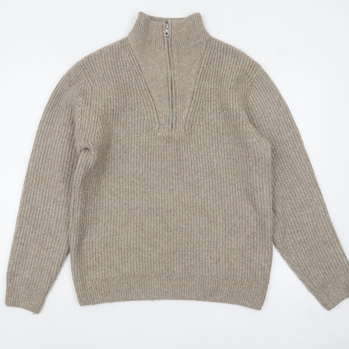 Zara Men Beige Chunky Knit 1/4 Zip High Neck Jumper Size M