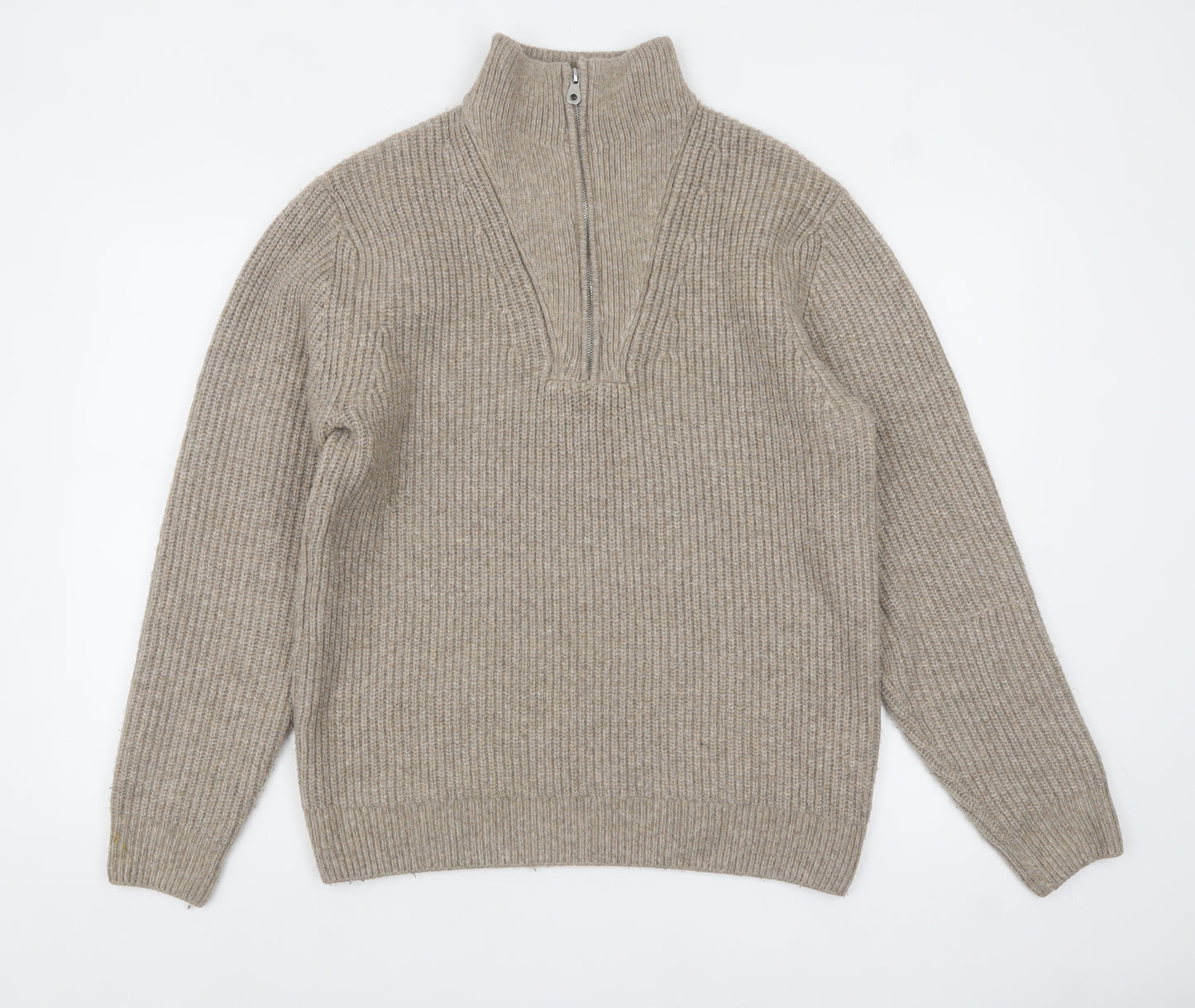 Zara Men Beige Chunky Knit 1/4 Zip High Neck Jumper Size M