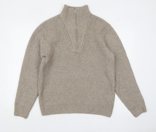 Zara Men Beige Chunky Knit 1/4 Zip High Neck Jumper Size M