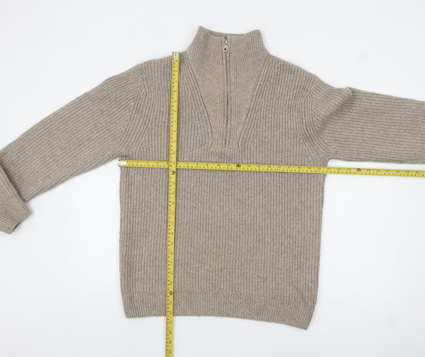 Zara Men Beige Chunky Knit 1/4 Zip High Neck Jumper Size M