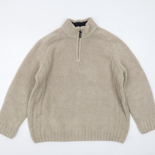 F&F Men’s Beige 1/4 Zip Fleece Jumper Size L Thermal Casual