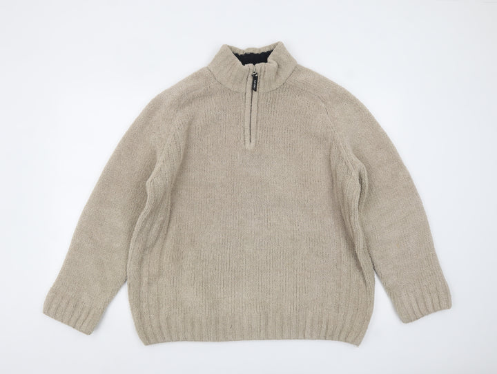 F&F Men’s Beige 1/4 Zip Fleece Jumper Size L Thermal Casual