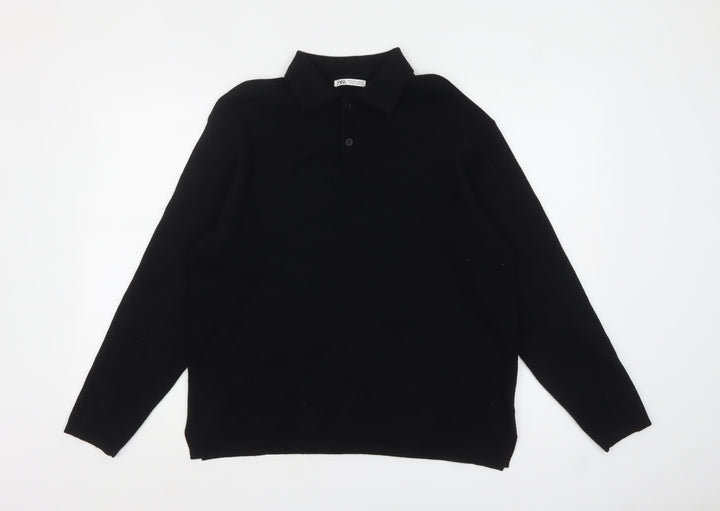 Zara Women Black Collared Long Sleeve Henley Jumper Size 12