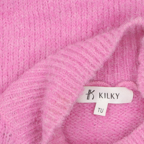 KILKY Women Pink Mock Neck Chunky Knit Wool Blend Pullover Jumper One Size