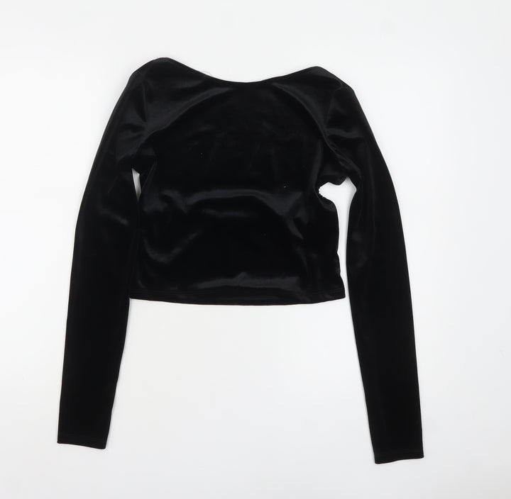 Pull&Bear Women's Black Velvet Cropped Long Sleeve Blouse Size 12