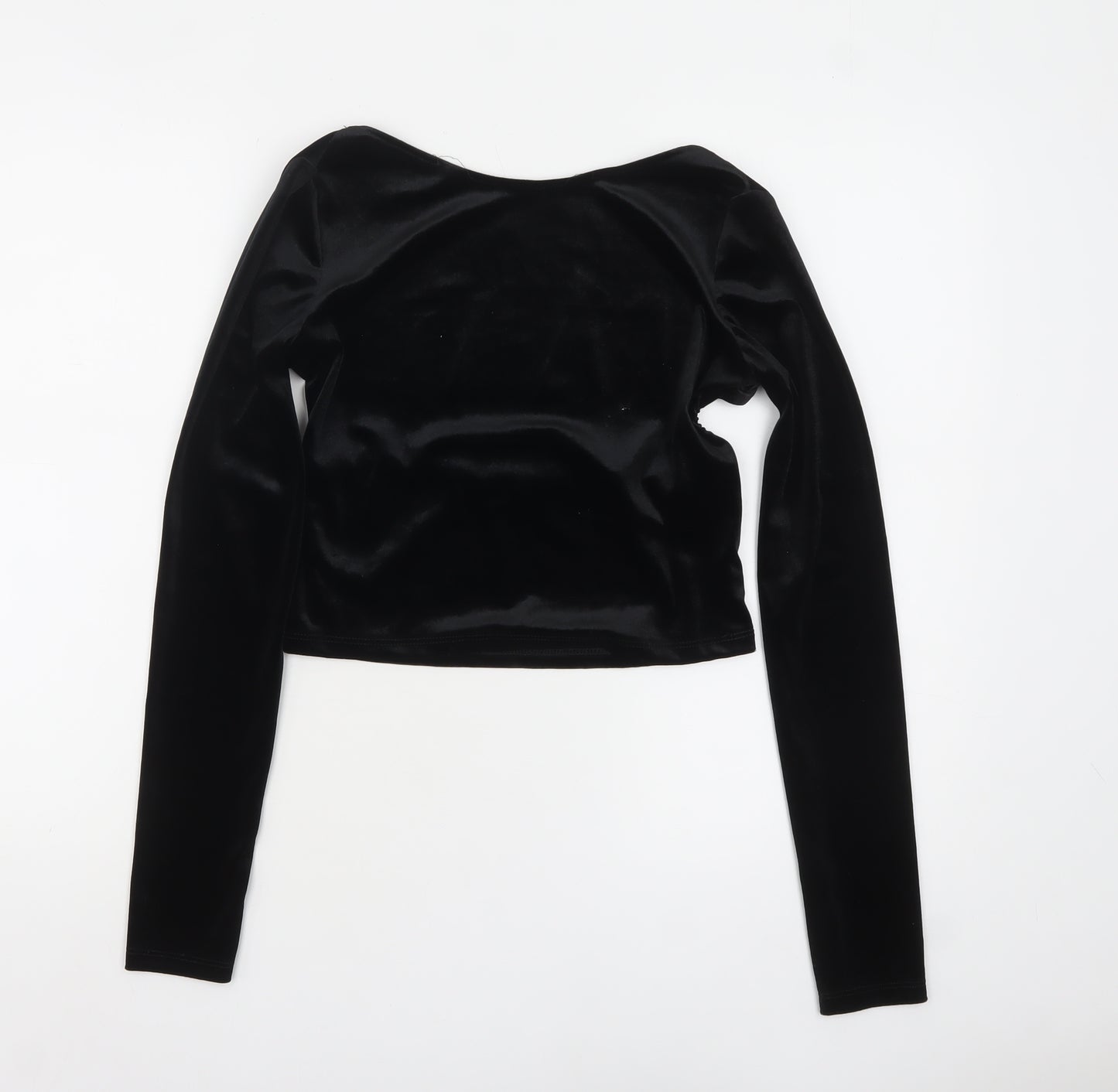 Pull&Bear Women's Black Velvet Cropped Long Sleeve Blouse Size 12