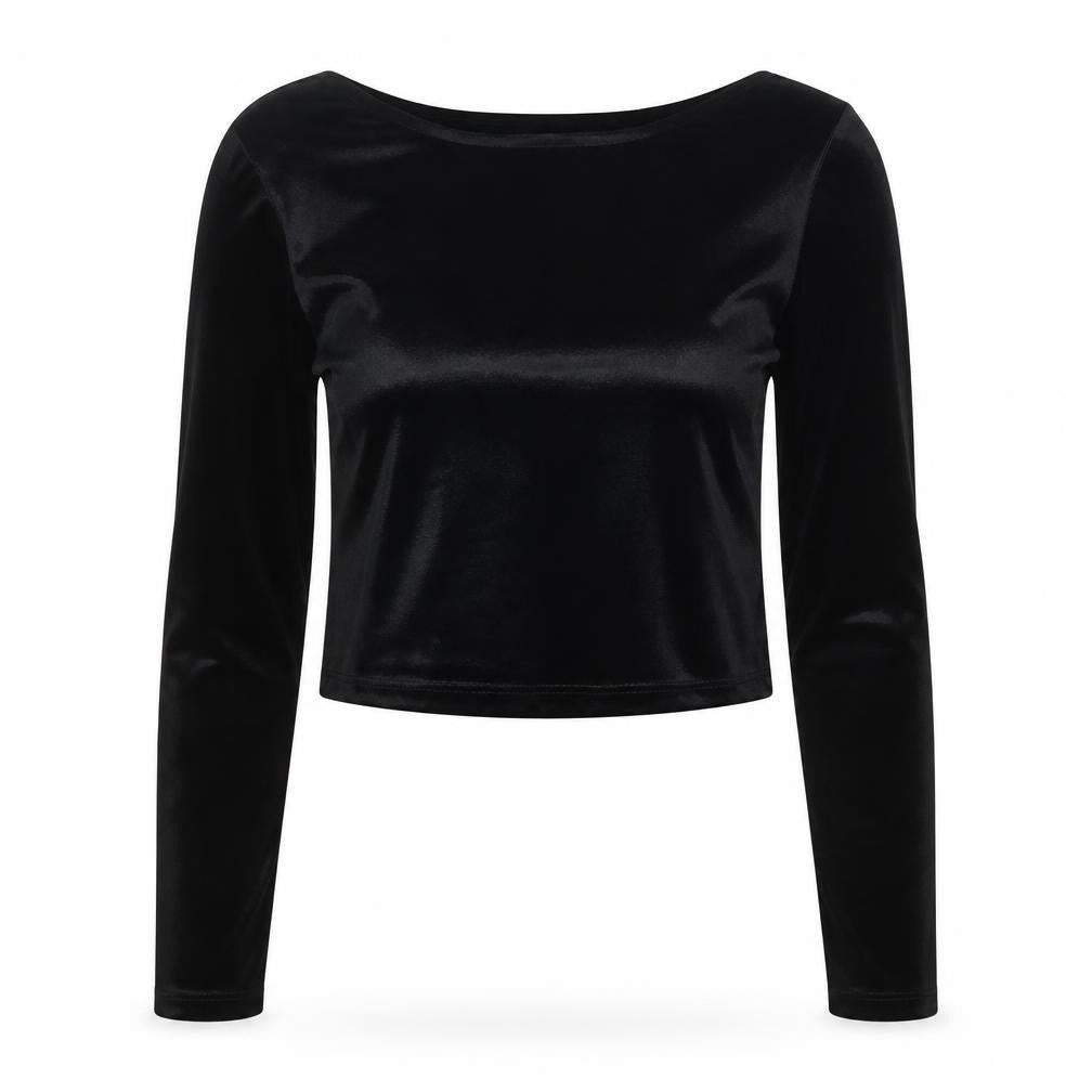 Front view of Pull&Bear Women's Black Velvet Cropped Long Sleeve Blouse, size 12