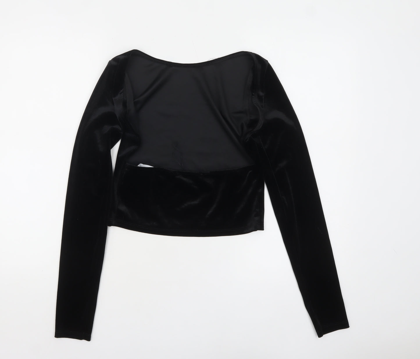 Pull&Bear Women's Black Velvet Cropped Long Sleeve Blouse Size 12