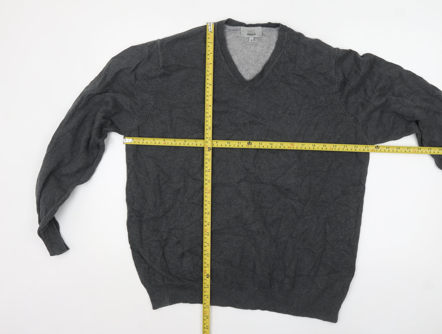 Marks and Spencer Men's Grey XL V-Neck Cotton Jumper Regular Fit