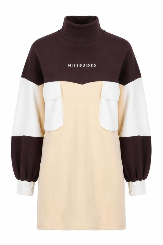 Front view of Missguided Women’s Beige Colourblock T-Shirt Dress UK 8 Tall