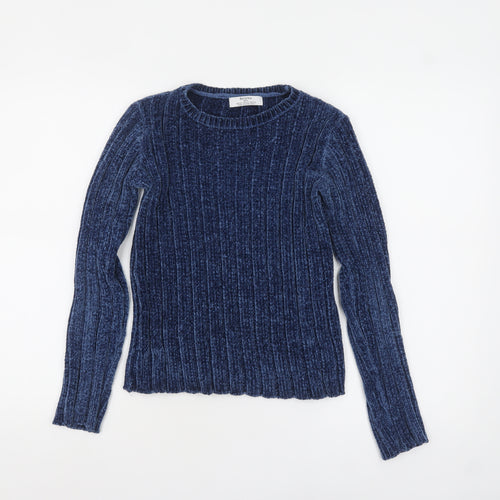 Bershka Women's Blue Ribbed Velvet Long Sleeve Pullover Jumper XS