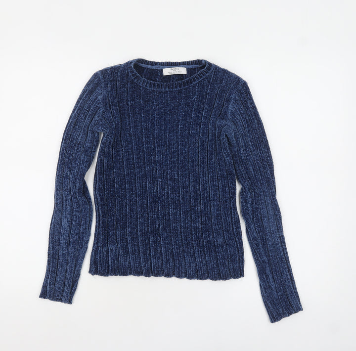 Bershka Women's Blue Ribbed Velvet Long Sleeve Pullover Jumper XS