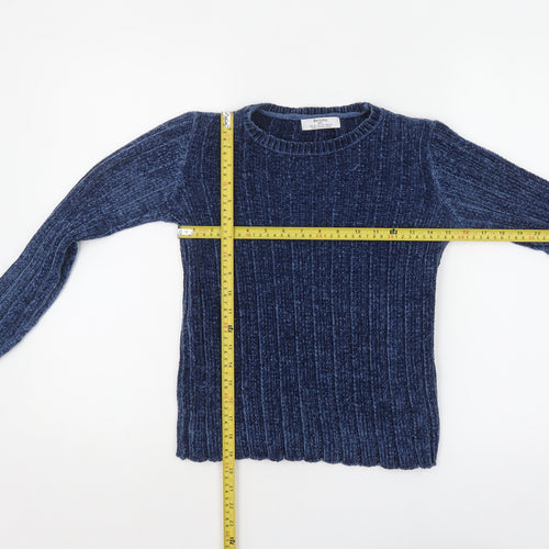Bershka Women's Blue Ribbed Velvet Long Sleeve Pullover Jumper XS