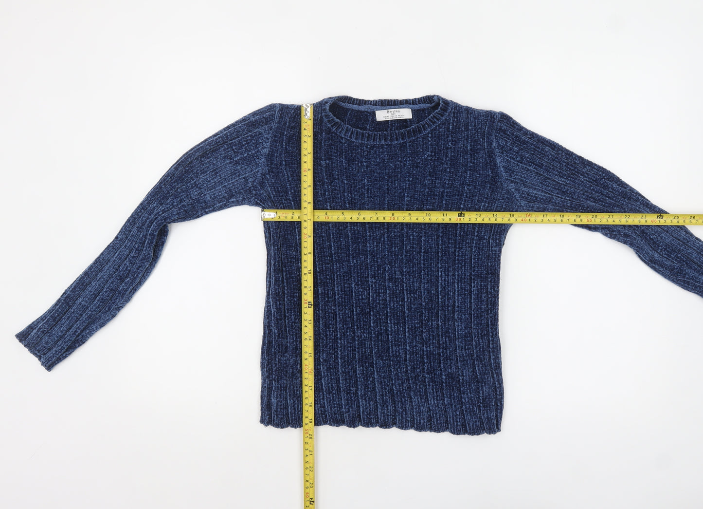 Bershka Women's Blue Ribbed Velvet Long Sleeve Pullover Jumper XS