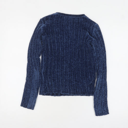 Bershka Women's Blue Ribbed Velvet Long Sleeve Pullover Jumper XS