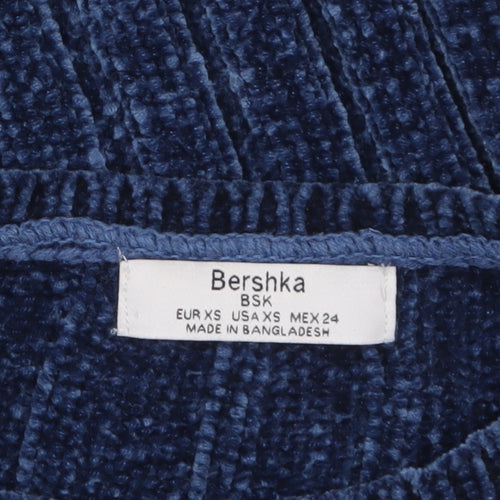 Bershka Women's Blue Ribbed Velvet Long Sleeve Pullover Jumper XS