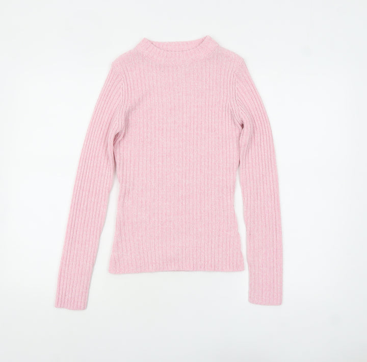 Brave Soul Women’s Pink Ribbed Mock Neck Slim Fit Jumper Size S