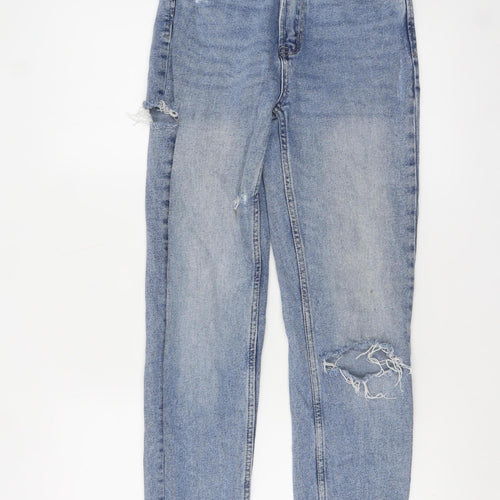 Stradivarius Women’s Blue High Rise Mom Slim Fit Distressed Jeans UK 8