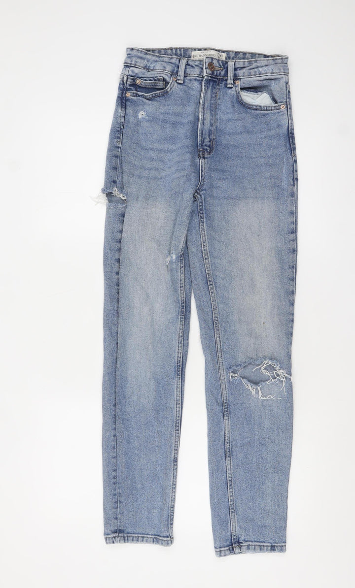 Stradivarius Women’s Blue High Rise Mom Slim Fit Distressed Jeans UK 8